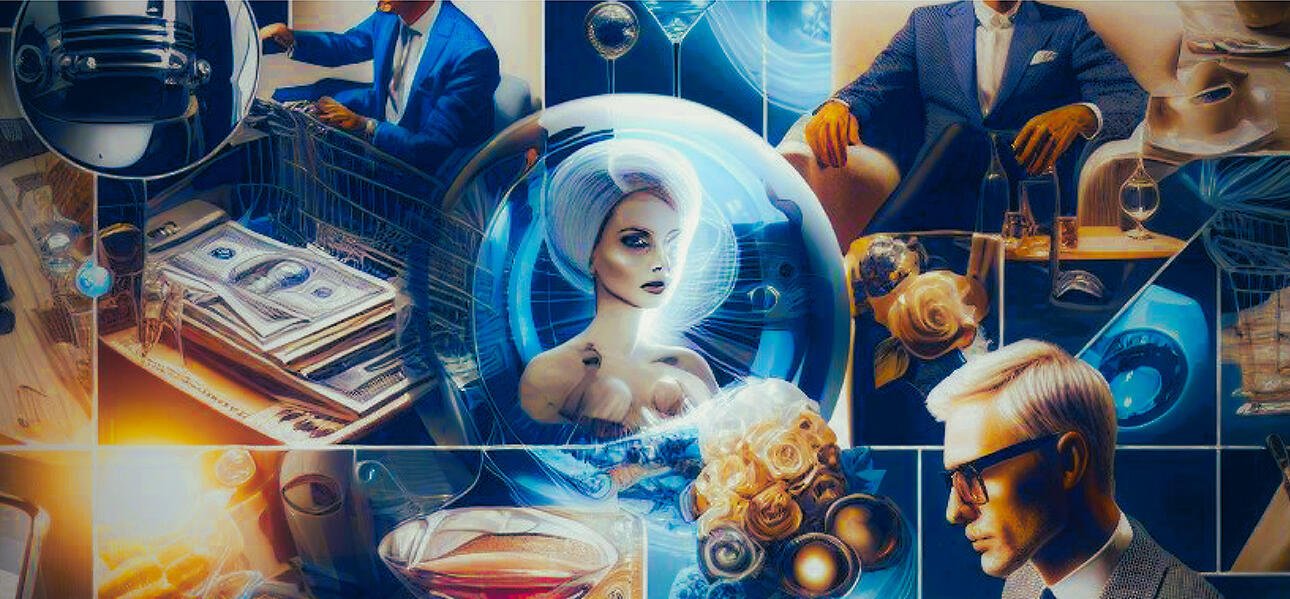 A stylish collage featuring a diverse group of affluent individuals interacting with luxury brands on various digital platforms (smartphones, tablets, laptops)