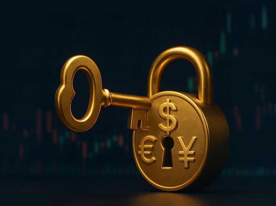 Golden key nearing a padlock with currency symbols, symbolizing user retention strategies for trading platforms