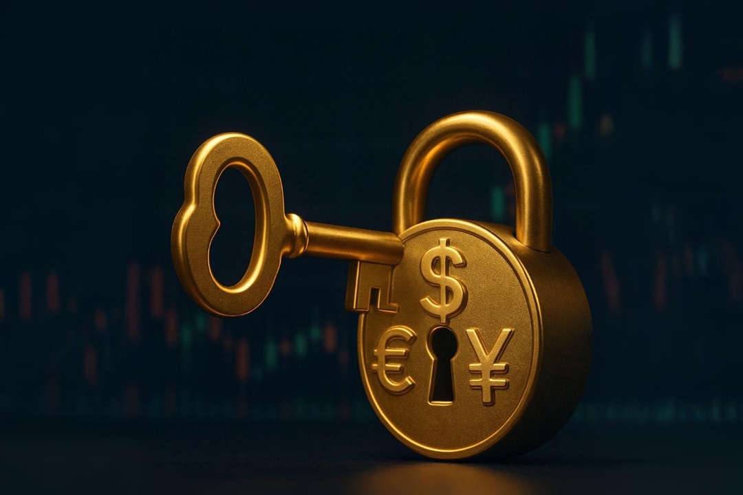 Golden key nearing a padlock with currency symbols, symbolizing user retention strategies for trading platforms