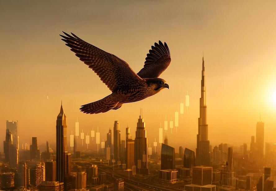 A falcon soaring over the Dubai skyline at golden hour, with trading candlestick charts subtly integrated into the cityscape.