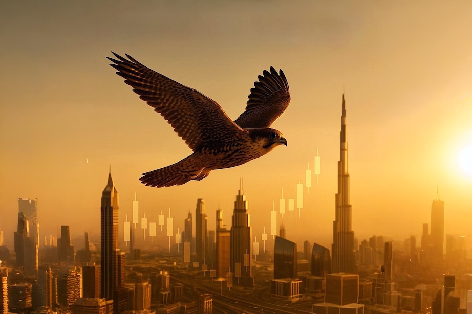A falcon soaring over the Dubai skyline at golden hour, with trading candlestick charts subtly integrated into the cityscape.