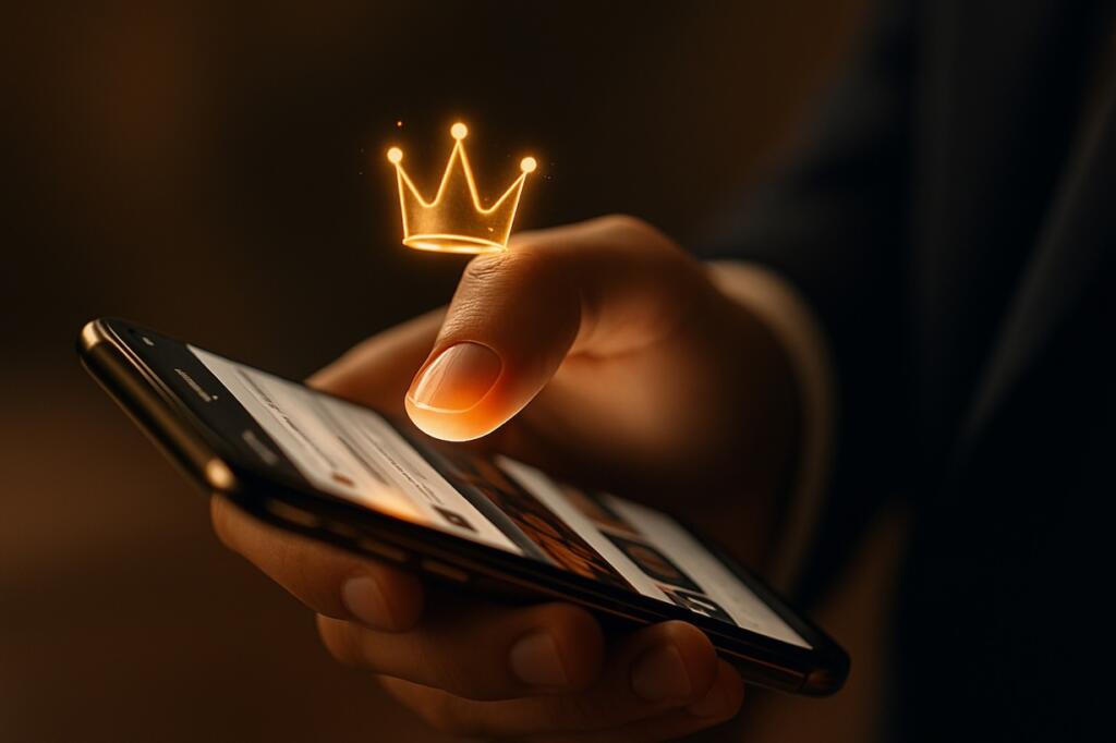 Close-up of a thumb wearing a digital crown mid-scroll on a smartphone screen, symbolizing social media dominance for trading platforms.