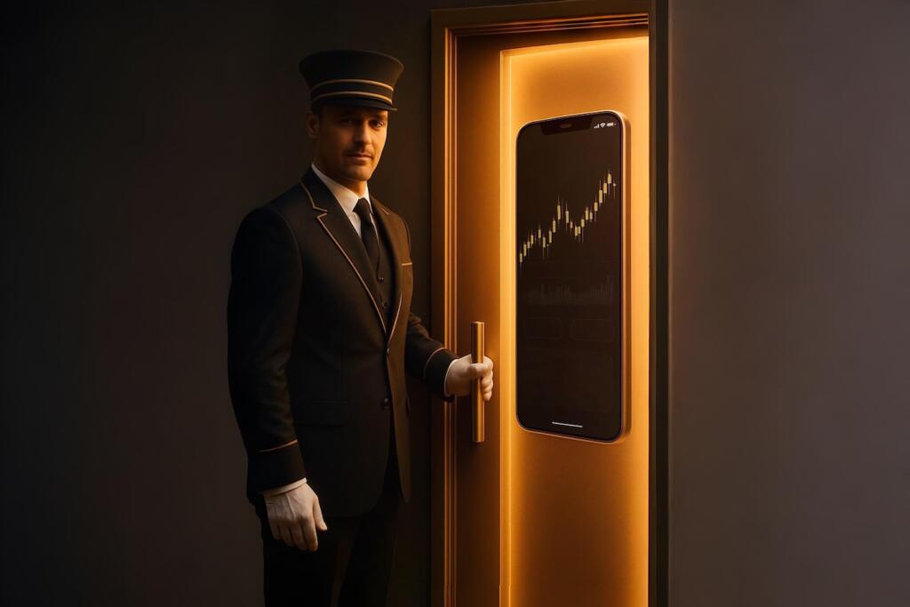 A concierge opens a golden door revealing a sleek trading app interface, symbolizing premium onboarding for online trading platforms.