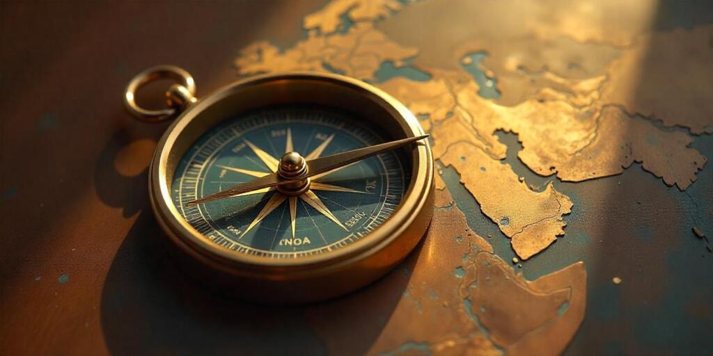 Luxury compass pointing to GCC countries on a golden globe, symbolizing regional healthcare strategy.