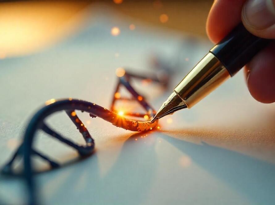 Fountain pen drawing DNA helix on parchment, symbolizing narrative control in healthcare branding.