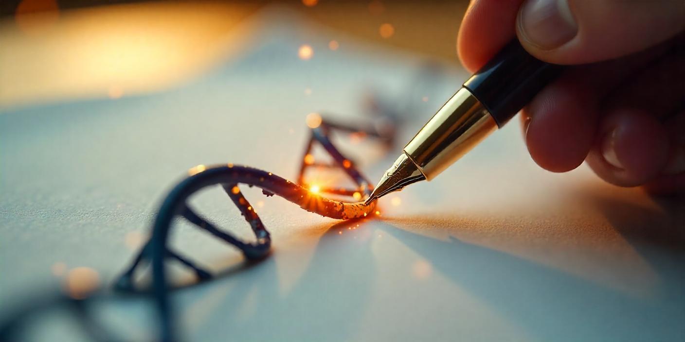 Fountain pen drawing DNA helix on parchment, symbolizing narrative control in healthcare branding.