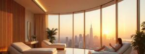 Ultra-luxury wellness center interior with panoramic city skyline, marble flooring, gold accents, and sophisticated clients, symbolizing global authority in wellness and longevity branding.