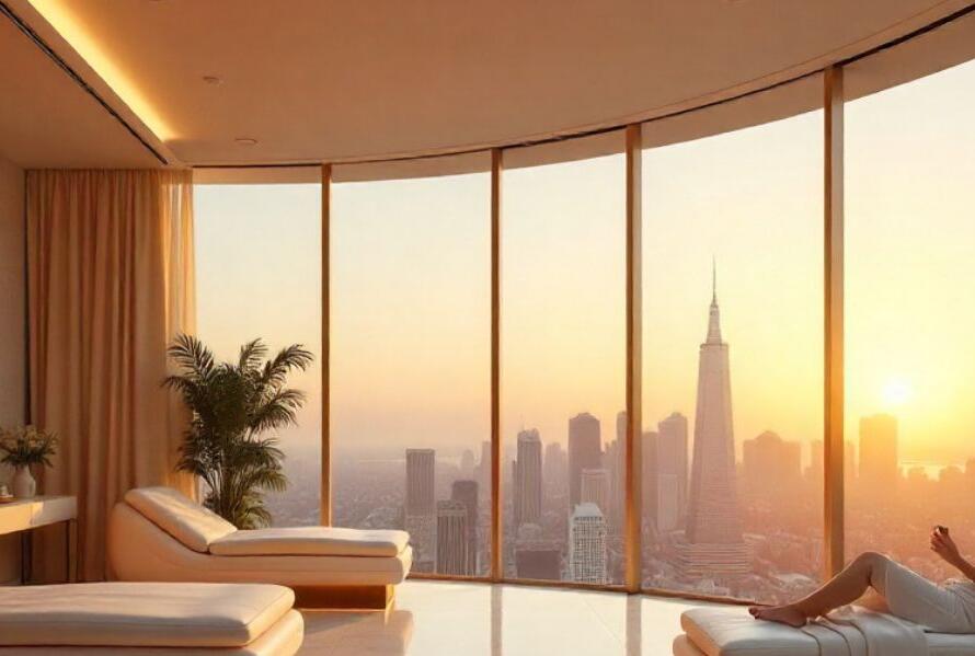 Ultra-luxury wellness center interior with panoramic city skyline, marble flooring, gold accents, and sophisticated clients, symbolizing global authority in wellness and longevity branding.