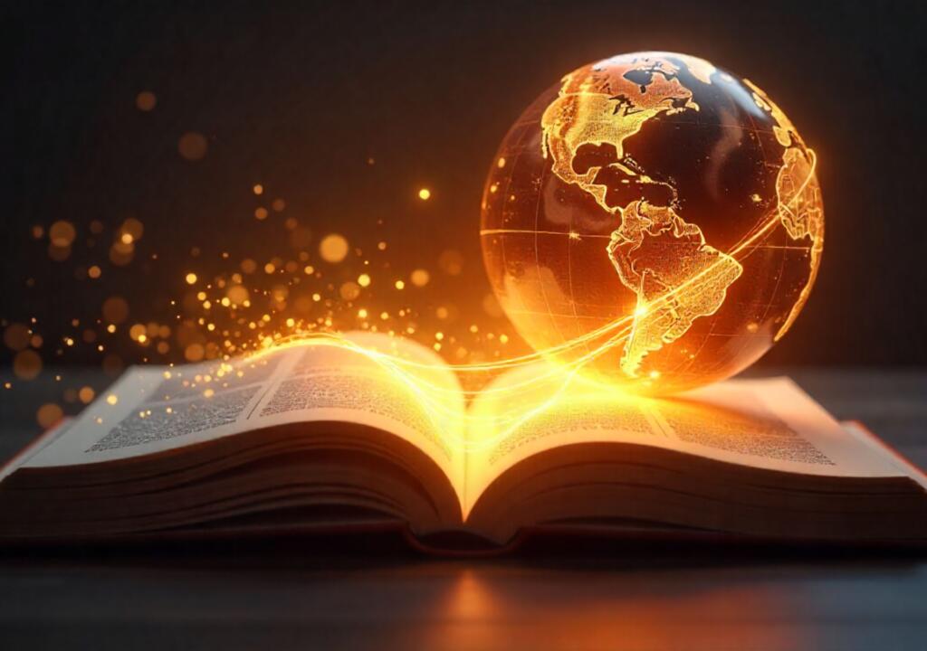 Glowing golden thread weaving through a book, digital screen, and globe, symbolizing storytelling across touchpoints.