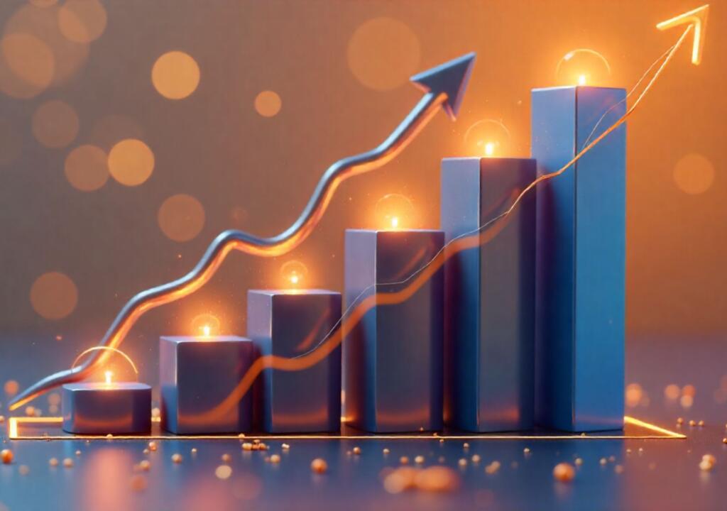 3D bar and line graph with golden highlights showing upward growth and retention metrics.