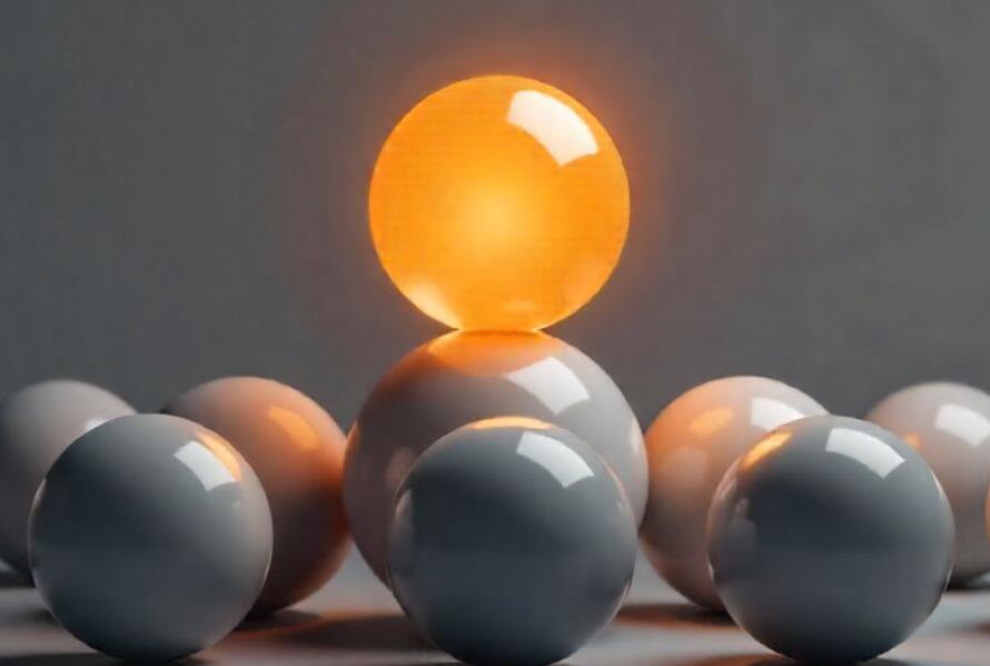 Golden sphere rising above identical grey spheres, symbolizing market leadership, differentiation, and brand uniqueness.
