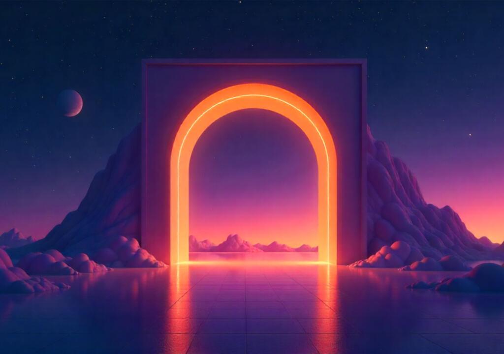 Futuristic glowing archway symbolizing prestige and market authority.