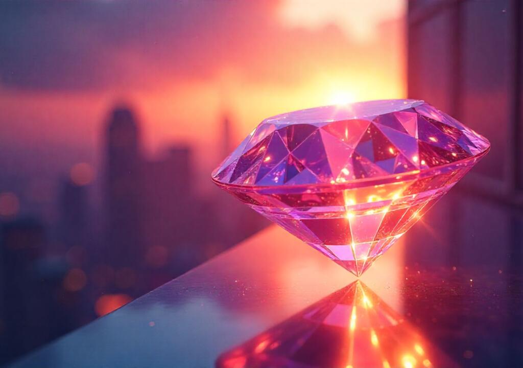 Glowing diamond floating in radiant light with purple, blue, black, and white gradients, symbolizing indestructible authority and timeless value.