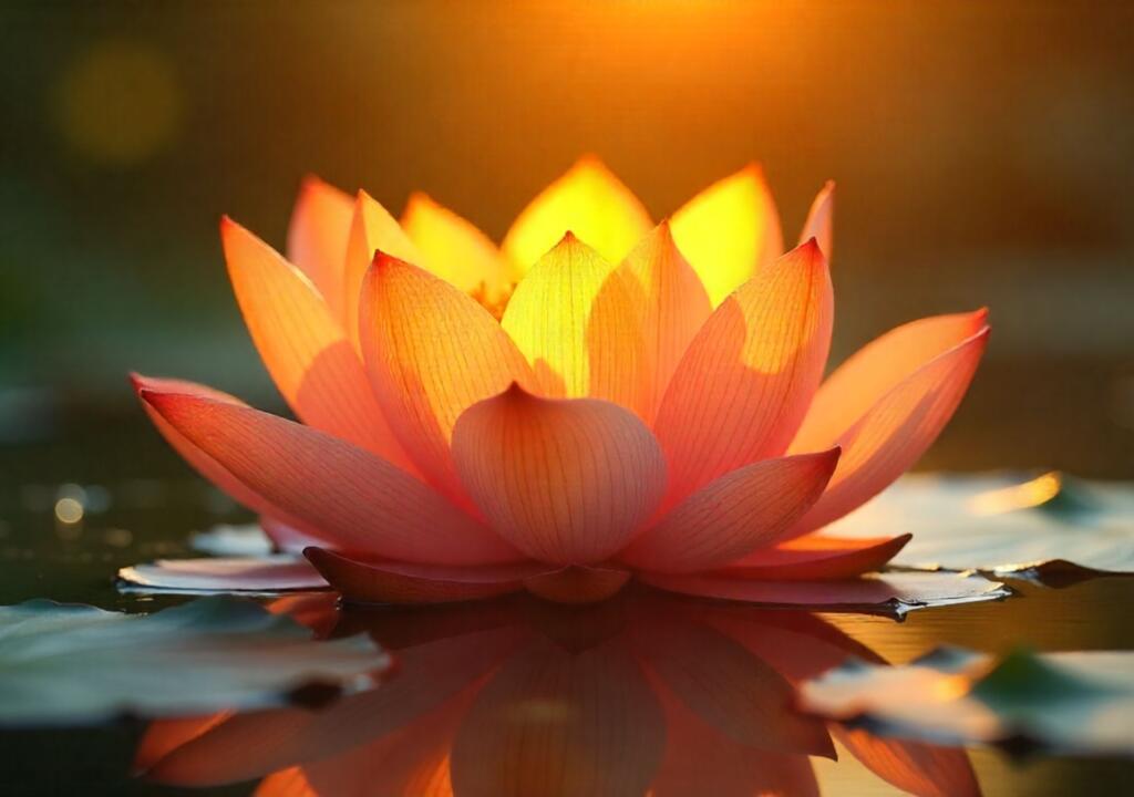 Golden lotus blooming amid teal ripples