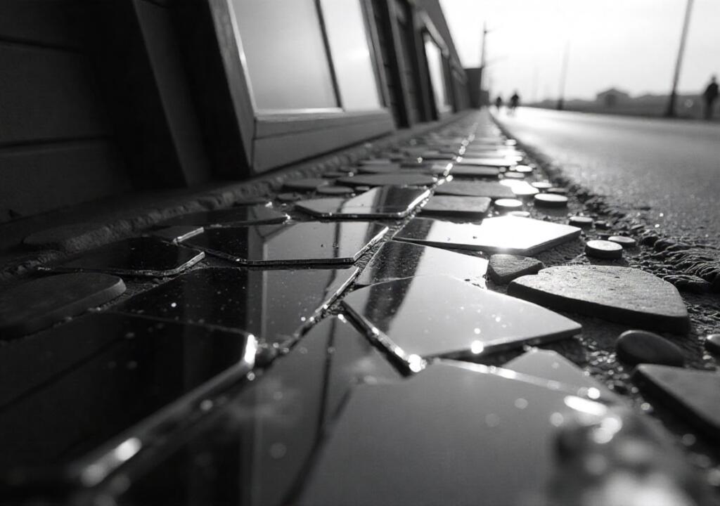 Broken mirror shards reflecting teal and gold light