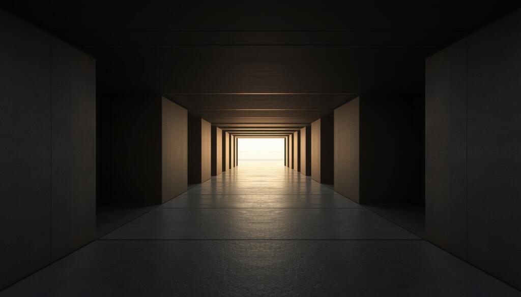Minimalist architectural corridor leading toward a luminous horizon, symbolizing strategic direction and long-term planning.