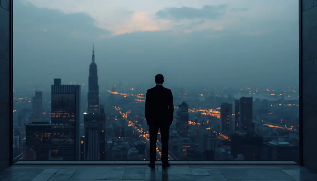 Strategic advisor overlooking city at dusk, representing leadership at defining moments