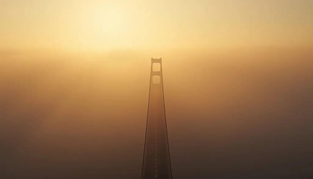 Suspension bridge emerging through fog symbolizing structural authority and clarity in volatile markets