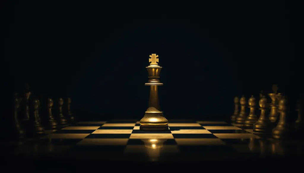 Gold king chess piece illuminated under spotlight representing market authority and command