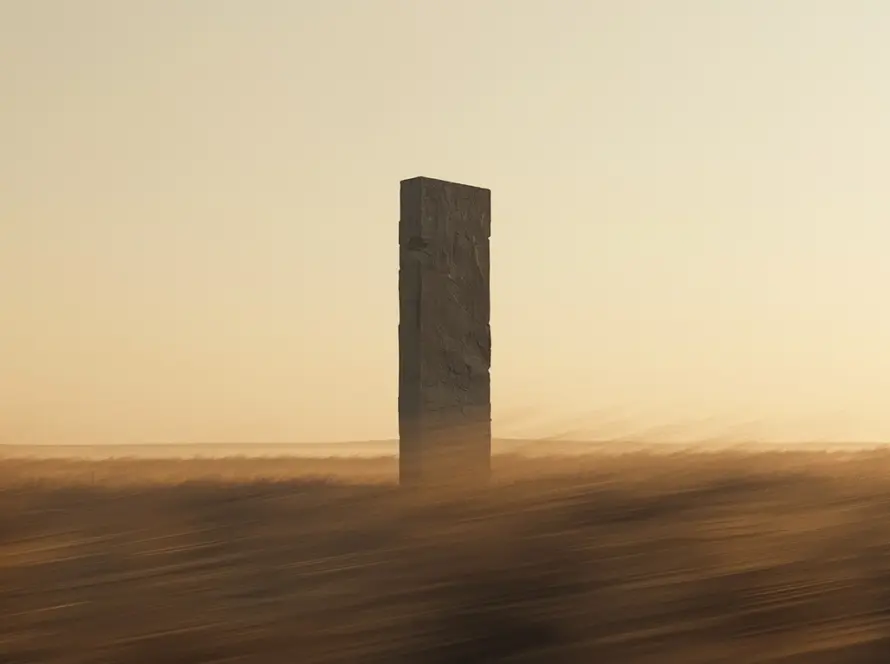 Stone pillar standing firm amid wind in minimalist landscape symbolizing decision stability in volatile markets