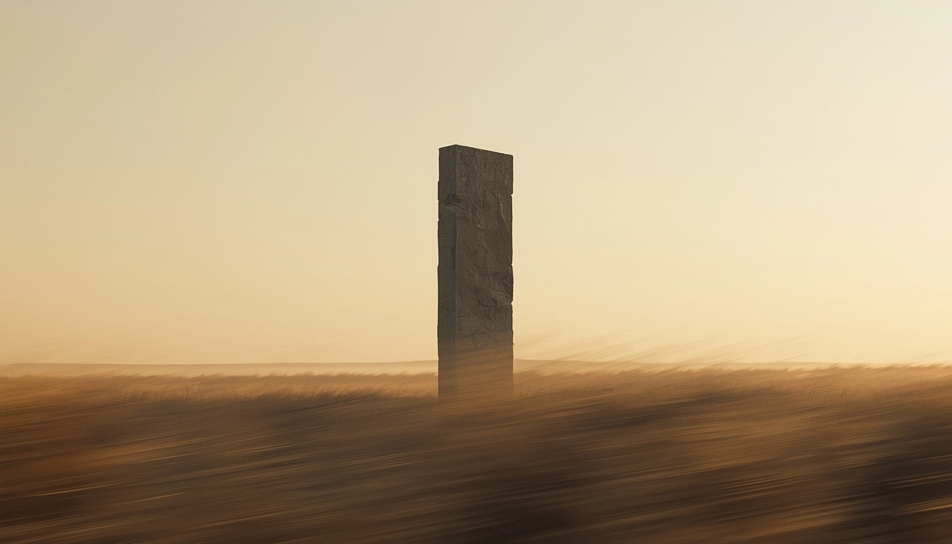 Stone pillar standing firm amid wind in minimalist landscape symbolizing decision stability in volatile markets