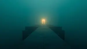 Minimalist pathway leading to a glowing doorway in fog symbolizing how markets favor visible clarity over hidden strategic strength