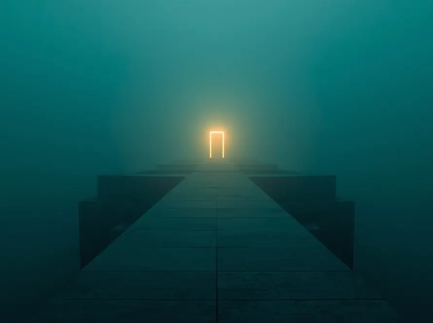 Minimalist pathway leading to a glowing doorway in fog symbolizing how markets favor visible clarity over hidden strategic strength