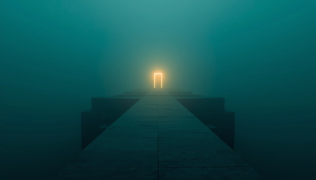 Minimalist pathway leading to a glowing doorway in fog symbolizing how markets favor visible clarity over hidden strategic strength