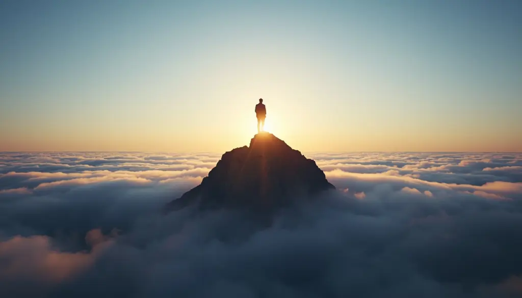 Leader standing on mountain summit above clouds symbolizing leadership authority and strategic clarity above uncertainty.