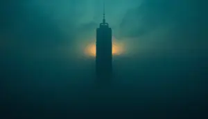 Monumental tower emerging through fog symbolizing market authority and strategic inevitability