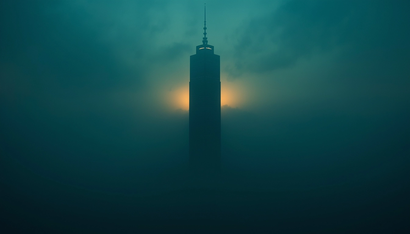 Monumental tower emerging through fog symbolizing market authority and strategic inevitability