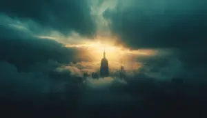 Beam of light breaking through storm clouds over a corporate skyline symbolizing leadership clarity during market volatility.