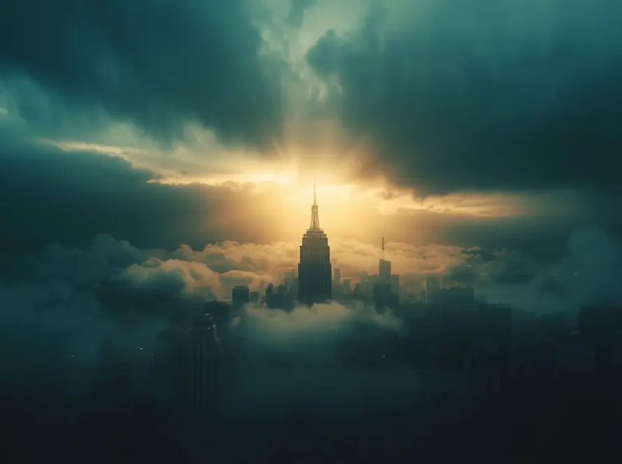 Beam of light breaking through storm clouds over a corporate skyline symbolizing leadership clarity during market volatility.