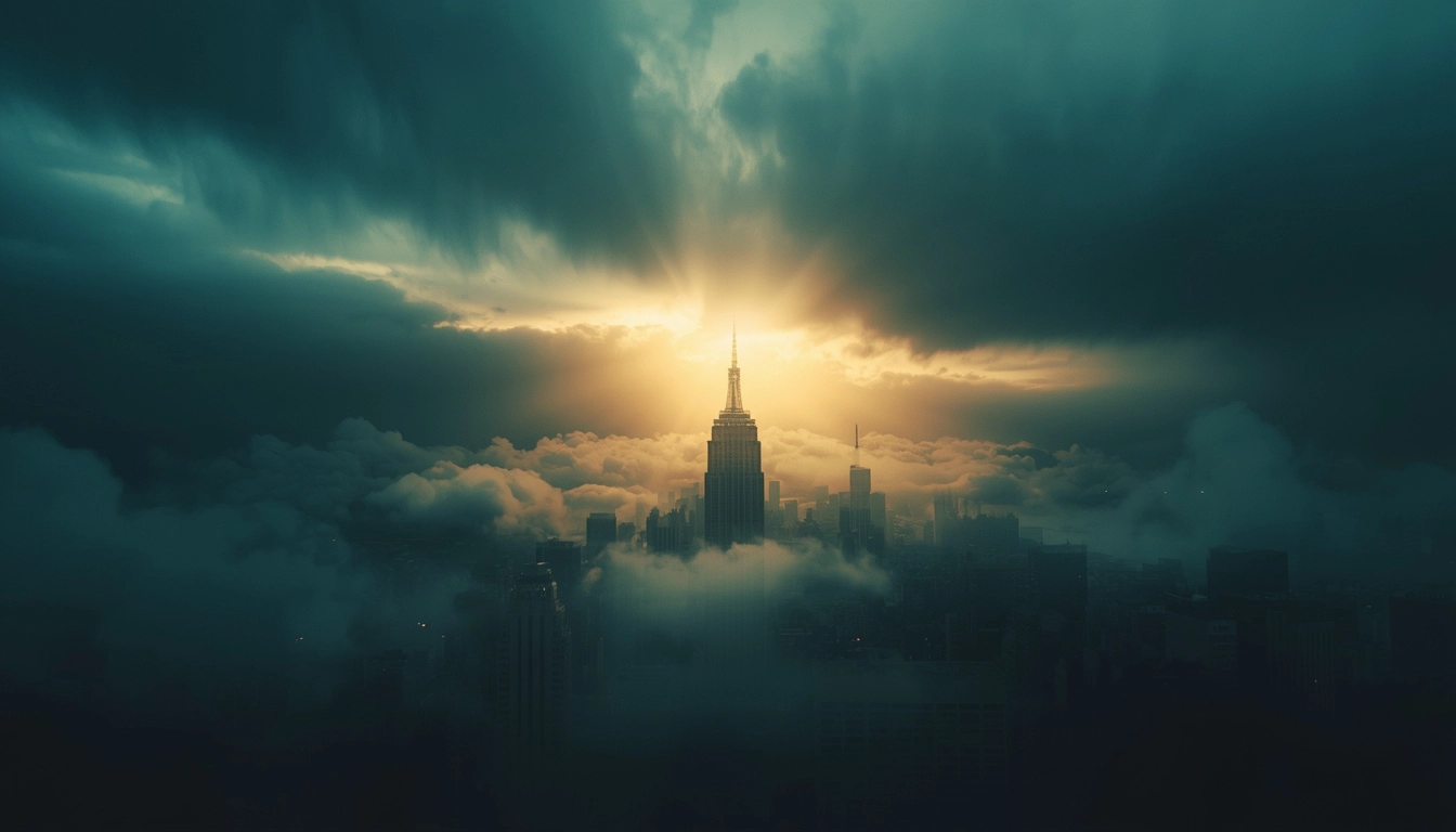 Beam of light breaking through storm clouds over a corporate skyline symbolizing leadership clarity during market volatility.