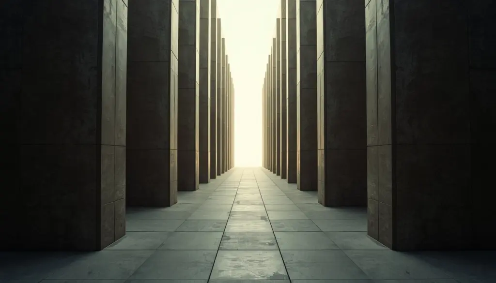 Symmetrical architectural corridor symbolizing strategic communications architecture and narrative alignment in leadership strategy.