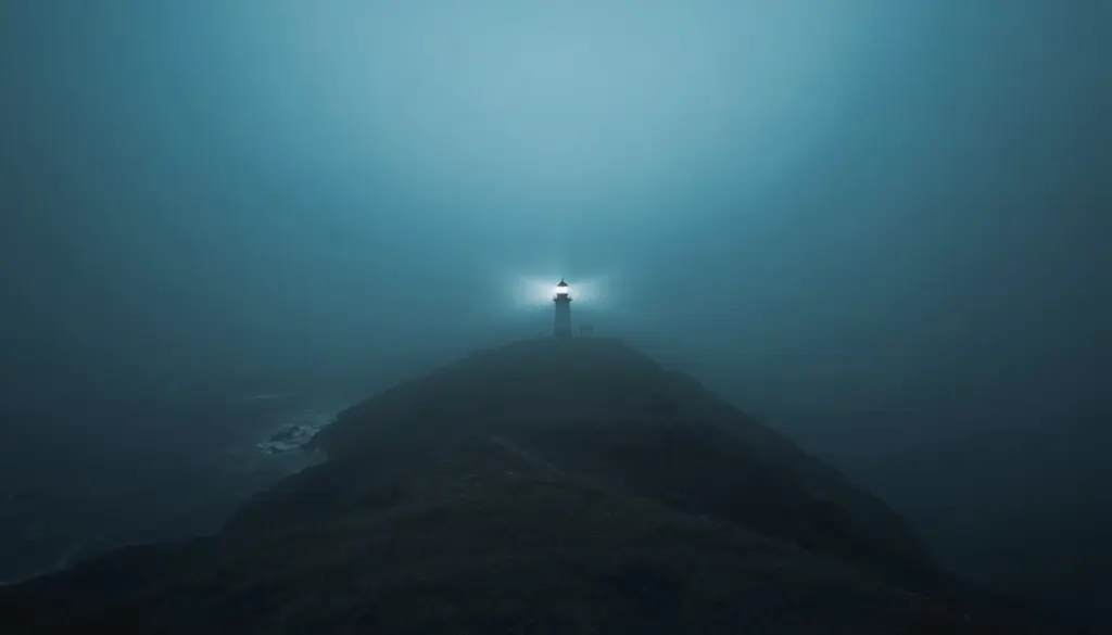 Lighthouse emerging through dense fog representing strategic visibility and leadership signaling in uncertain markets