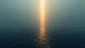Vertical beam of golden light breaking through fog over ocean symbolizing strategic visibility and clarity in uncertain markets