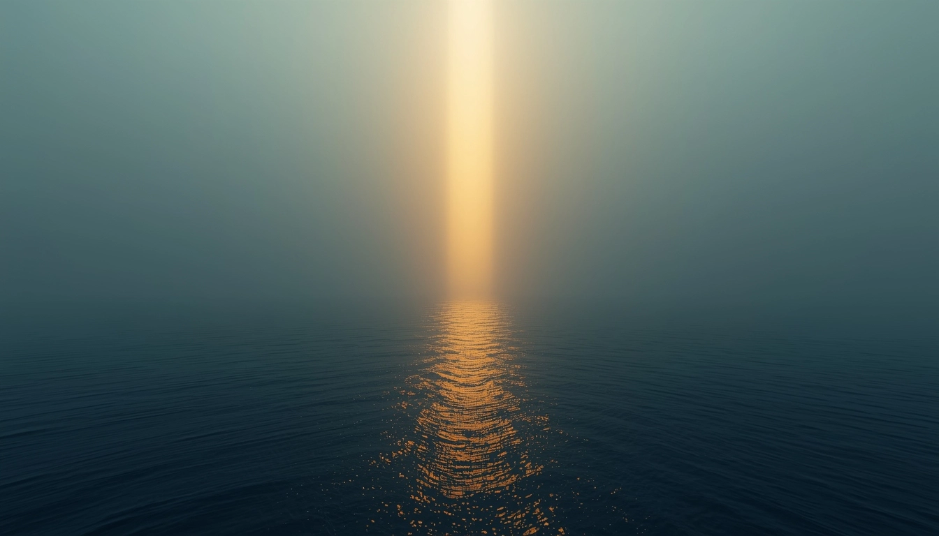 Vertical beam of golden light breaking through fog over ocean symbolizing strategic visibility and clarity in uncertain markets