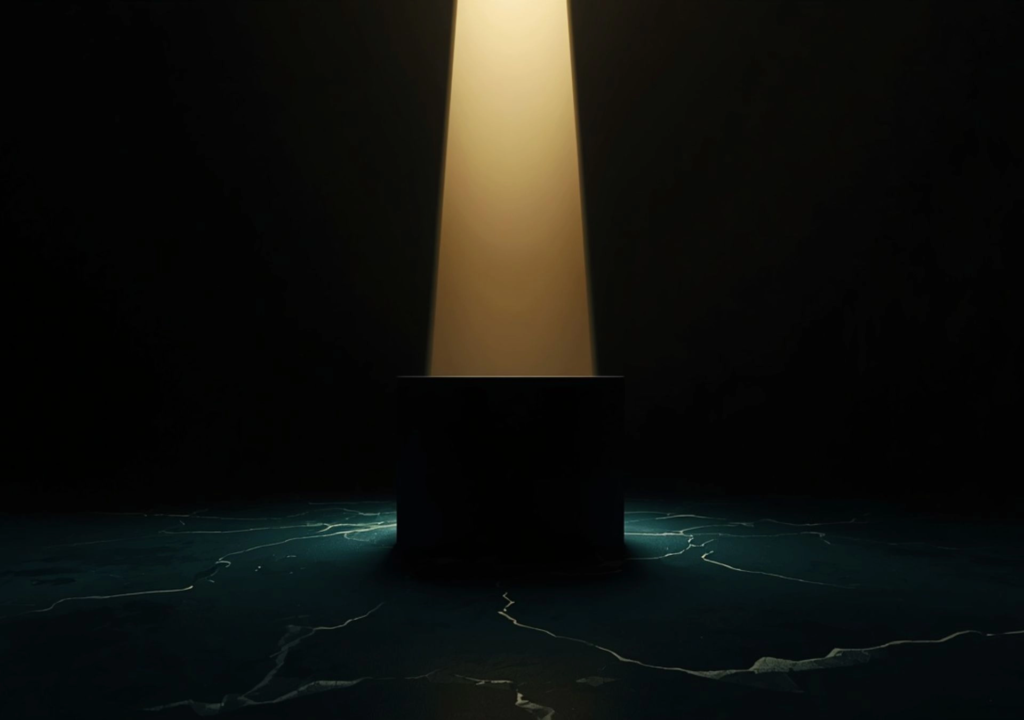 A golden spotlight illuminates a dark central platform on a cracked teal floor, symbolizing authority under pressure, unclear market meaning, and strategic visibility risk.