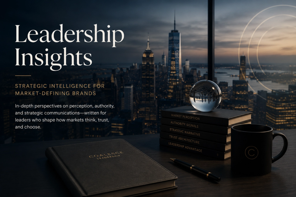 Executive-style Leadership Insights hero image showing market perception, authority signals, and strategic communications through a premium cityscape and advisory desk setting.