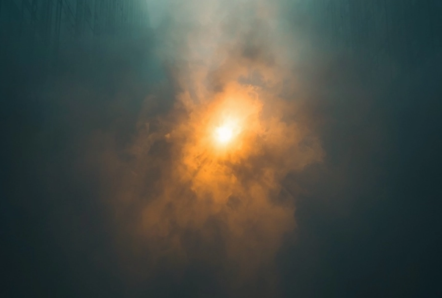 Golden light scattering through dense teal fog between abstract structures, symbolizing visibility without clarity and the loss of market authority through ambiguity.
