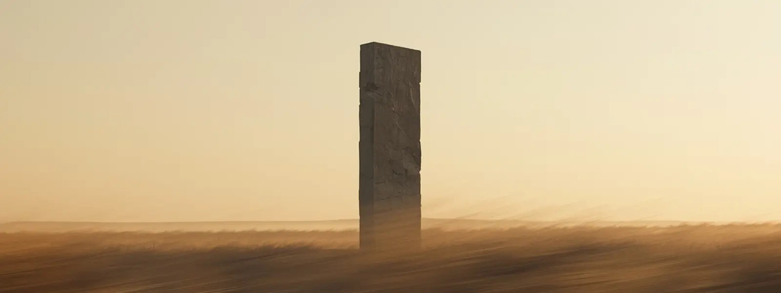 Stone pillar standing firm amid wind in minimalist landscape symbolizing decision stability in volatile markets