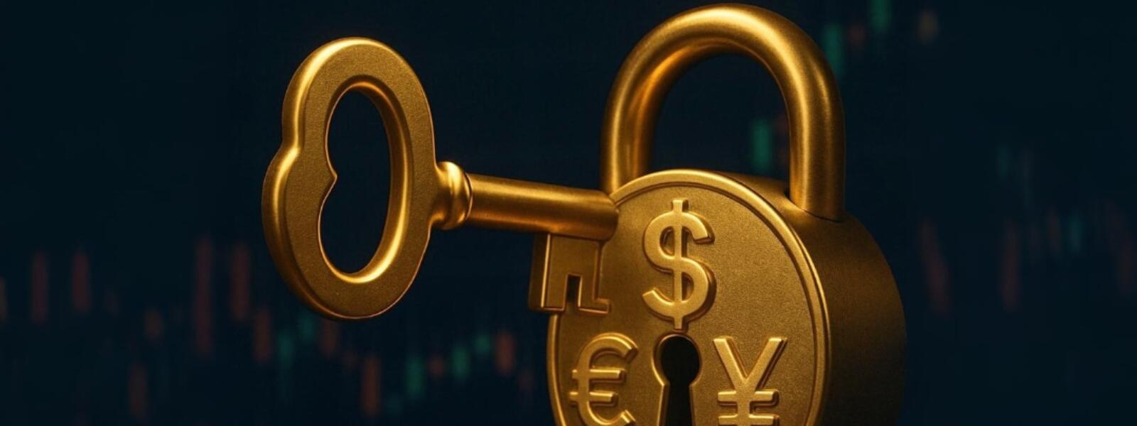 Golden key nearing a padlock with currency symbols, symbolizing user retention strategies for trading platforms