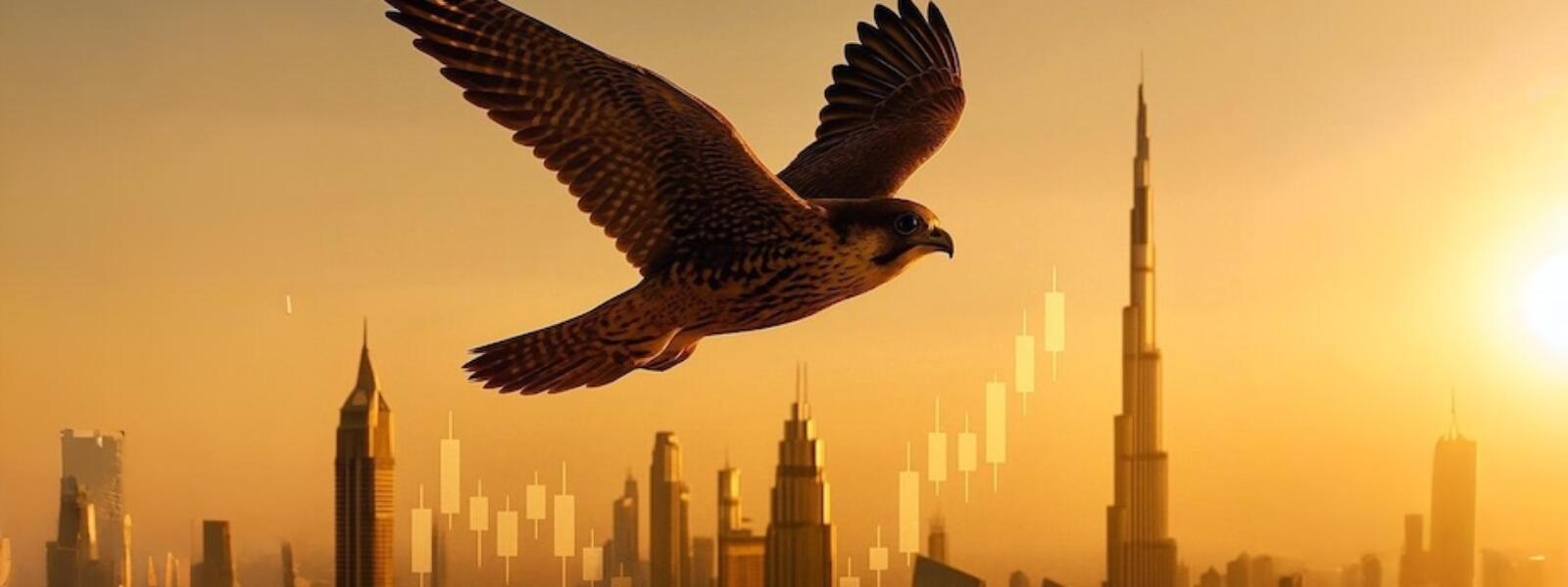 A falcon soaring over the Dubai skyline at golden hour, with trading candlestick charts subtly integrated into the cityscape.