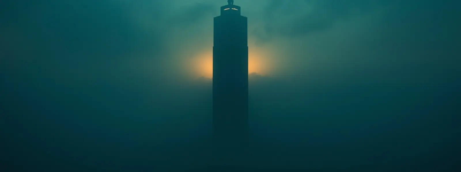 Monumental tower emerging through fog symbolizing market authority and strategic inevitability
