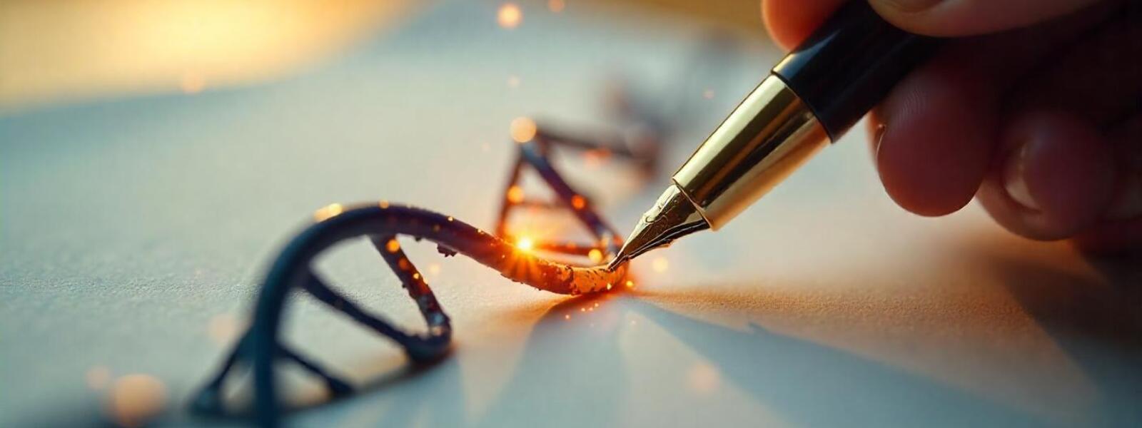 Fountain pen drawing DNA helix on parchment, symbolizing narrative control in healthcare branding.